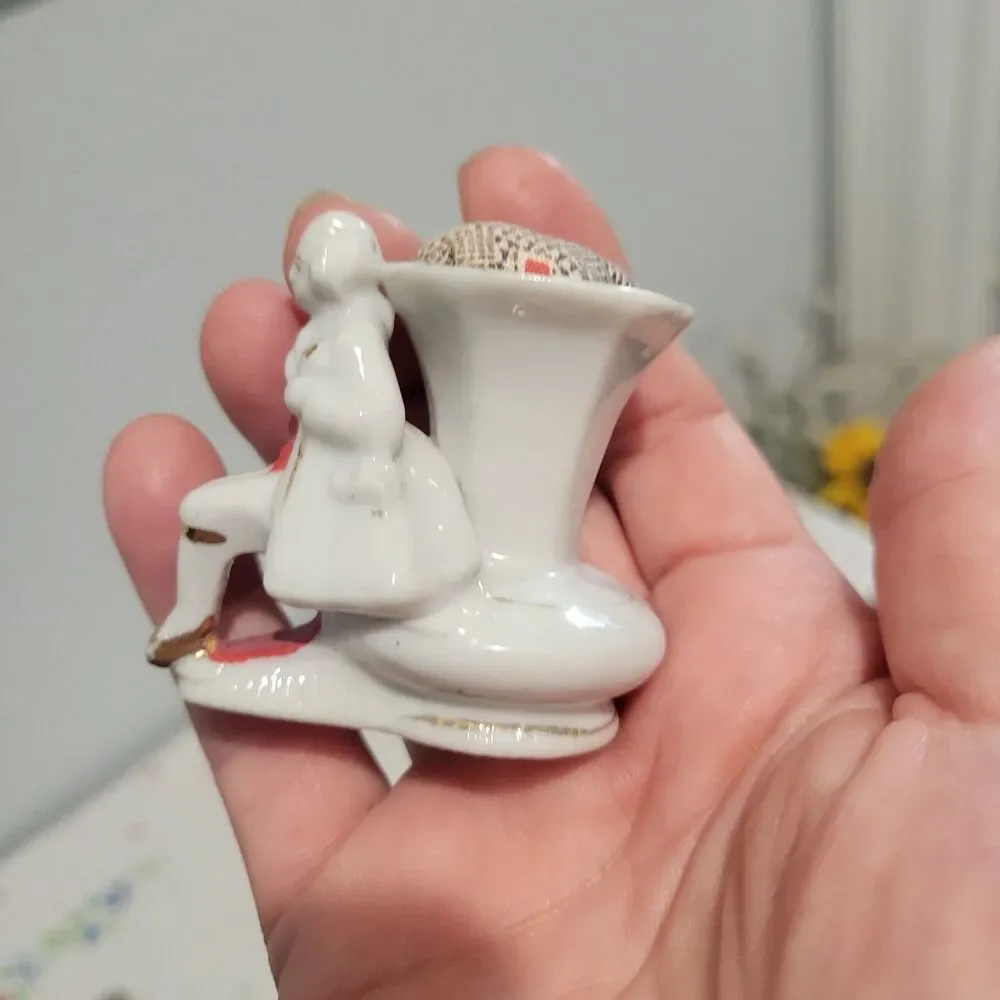 Vtg Set of 2 Porcelain Toothpick Holders Elegant Lady and Man Japan Pin Cushions